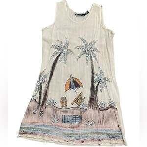 Double Decker Vintage Boutique Beige Sleeveless Dress with Palm Trees Medium